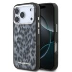 Pilkas dėklas Karl Lagerfeld IML Leopard MagSafe Apple iPhone 17 Pro telefonui su rudai pilku leopardiniu raštu