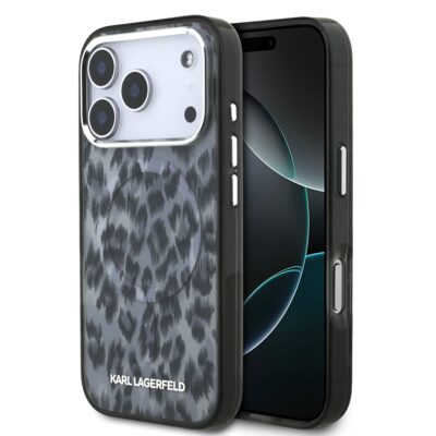 Pilkas dėklas Karl Lagerfeld IML Leopard MagSafe Apple iPhone 17 Pro telefonui su rudai pilku leopardiniu raštu