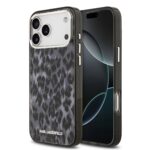 Pilkas dėklas Karl Lagerfeld IML Leopard MagSafe telefonui Apple iPhone 17 Pro Max su leopardo raštu