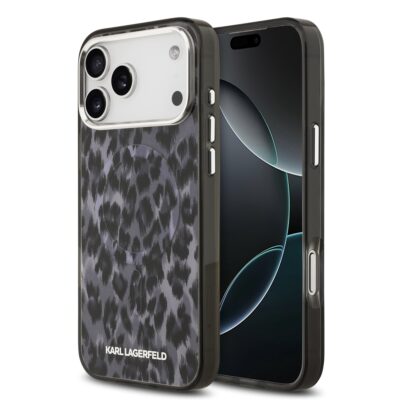 Pilkas dėklas Karl Lagerfeld IML Leopard MagSafe telefonui Apple iPhone 17 Pro Max su leopardo raštu