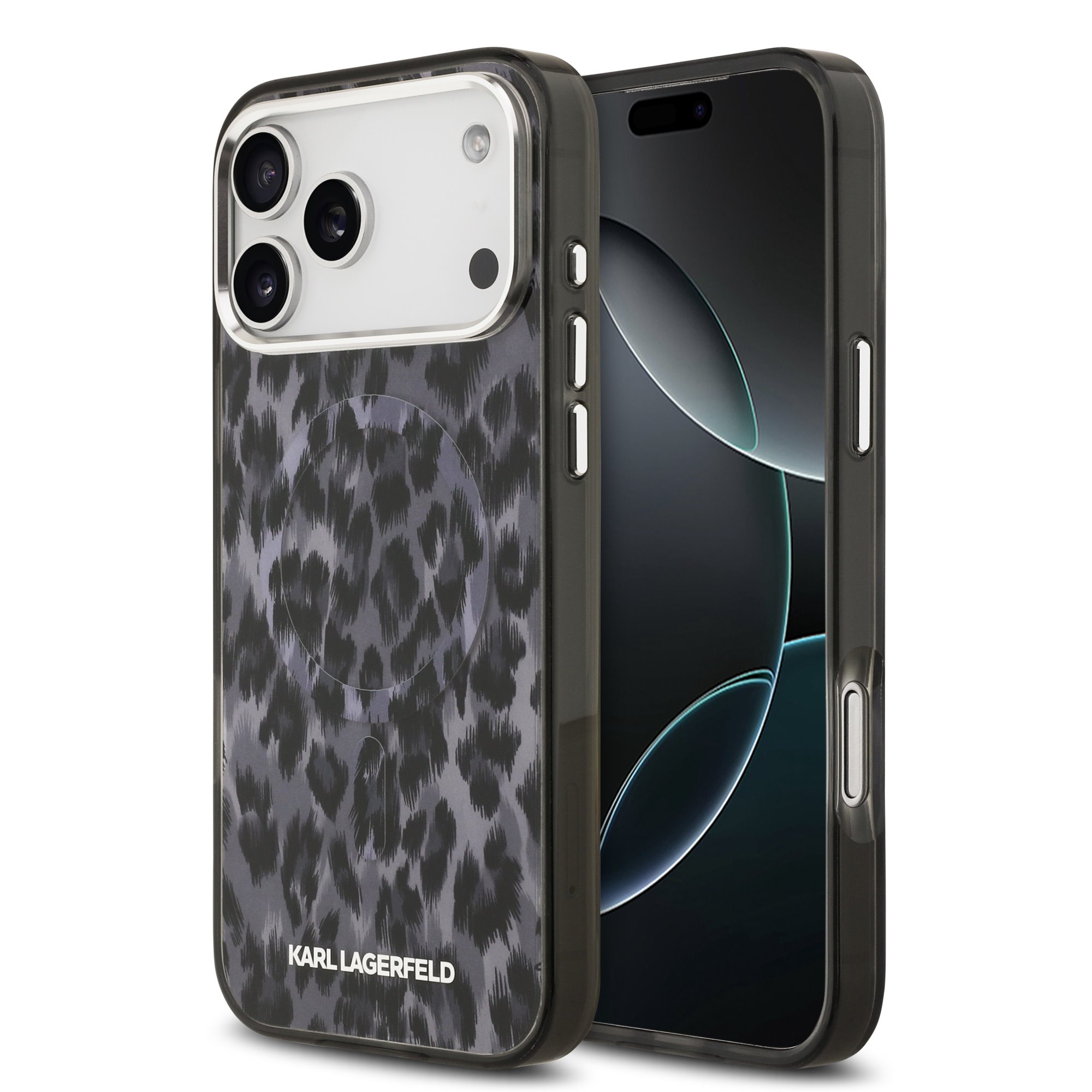 Pilkas dėklas Karl Lagerfeld IML Leopard MagSafe iPhone 17 Pro Max Pilkas dėklas Karl Lagerfeld IML Leopard MagSafe telefonui Apple iPhone 17 Pro Max su leopardo raštu
