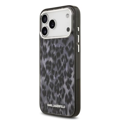 Pilkas dėklas Karl Lagerfeld IML Leopard MagSafe telefonui Apple iPhone 17 Pro Max su tamsiai pilku leopardo raštu