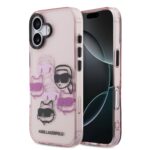 Rausvas dėklas telefonui Apple iPhone 17 su Karl Lagerfeld IML Multi K&CH Heads dizainu ir katės bei žmogaus veidais su akiniais