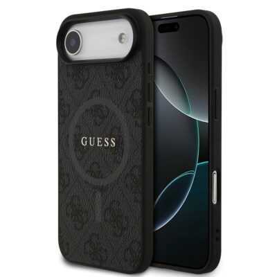Juodas dėklas Guess PU Leather 4G Colored Ring MagSafe telefonui Apple iPhone Air su audinio tekstūra ir logotipu
