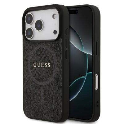 Juodas dėklas Guess PU Leather 4G Colored Ring MagSafe telefonui Apple iPhone 17 Pro