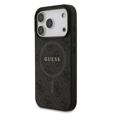 Juodas dėklas Guess PU Leather su spalvotu ring MagSafe Apple iPhone 17 Pro telefonui