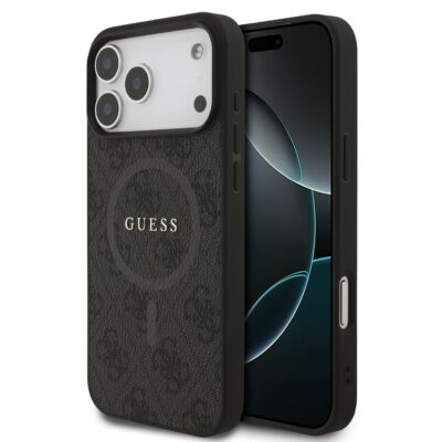 Juodas dėklas Guess PU Leather 4G Colored Ring MagSafe Apple iPhone 17 Pro Max telefonui