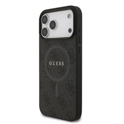 Juodas dėklas Guess PU Leather 4G Colored Ring MagSafe telefonui Apple iPhone 17 Pro Max, matomas juodas tekstūruotas dėklas su logotipu ir kameros išpjovomis