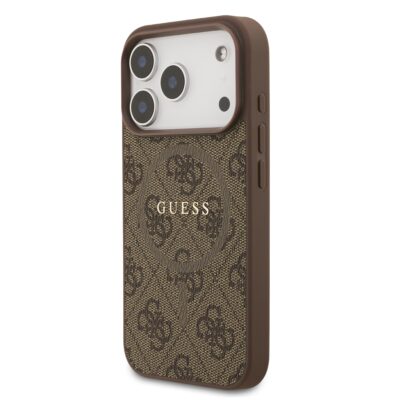 Rudas dėklas Guess PU Leather 4G Colored Ring MagSafe telefonui Apple iPhone 17 Pro su raštuota priekinė dalis ir logotipu