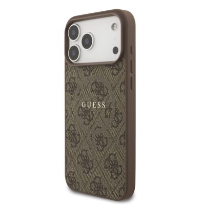 Rudas dėklas Guess PU Leather 4G Colored Ring MagSafe telefonui Apple iPhone 17 Pro Max su raštu ir logotipu