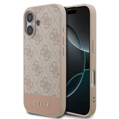 Rausvas originalus dėklas Guess PU 4G Stripe telefonui Apple Iphone 17 su tekstūruotu paviršiumi ir logotipu