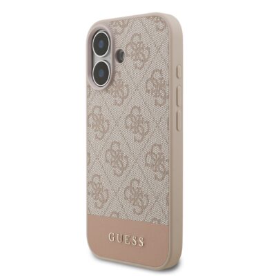 Rausvas originalus dėklas Guess PU 4G Stripe telefonui Apple Iphone 17 su raštu ir metaliniu logotipu