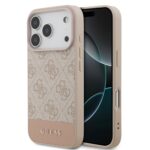 Rausvas originalus dėklas Guess PU 4G Stripe telefonui Apple Iphone 17 Pro su monograma ir logo