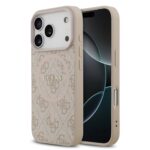 Rausvas dėklas Guess PU Leather 4G Colored Ring MagSafe telefonui Apple iPhone 17 Pro su matiniu paviršiumi ir raštu