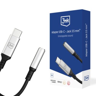 Adapteris 3mk Adapter USB-C to 3,5mm su metaliniu sidabriniu korpusu ir juodu laidu