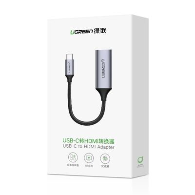 Adapteris Ugreen CM297 USB-C to HDMI su tamsiai pilku metaliniu korpusu ir juoda pynimu laidu
