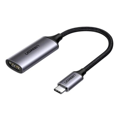 Adapteris Ugreen CM297 USB-C to HDMI su juoda austa kabelio dalimi ir pilkomis metalinėmis jungtimis