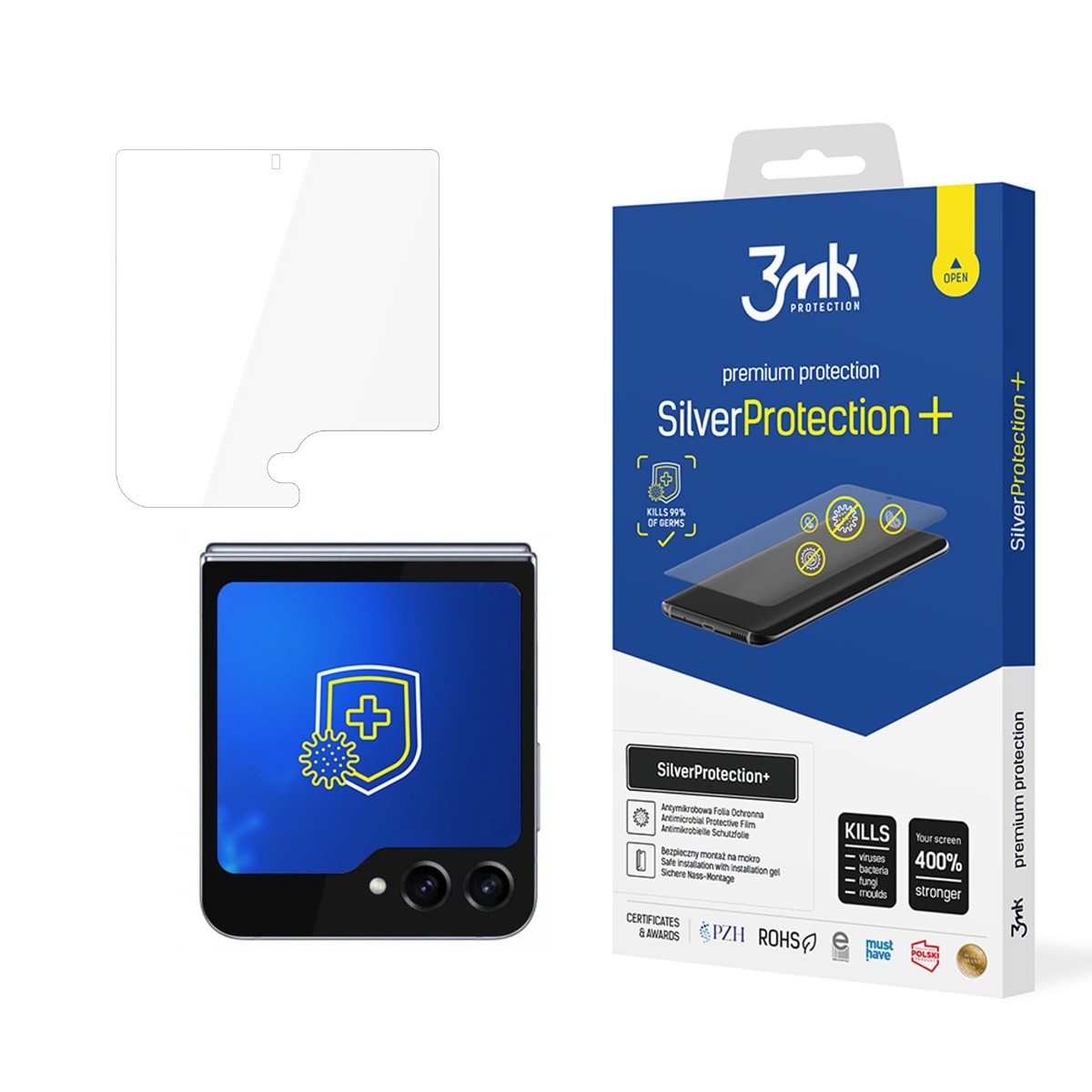 Apsauginė ekrano plėvelė 3MK Silver Protection+ Folded Edition Samsung F741 Z Flip 6 Apsauginė ekrano plėvelė 3MK Silver Protection+ Folded Edition Samsung F741 Z Flip 6 su apsauginiu pakuotės dėklu ir permatomu plėvelės lakštu