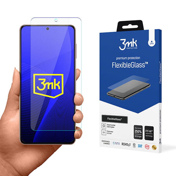 Apsauginė ekrano plėvelė Samsung Galaxy G990 S21 FE 3MK Flexible Glass Apsauginė ekrano plėvelė Samsung Galaxy G990 S21 FE 3MK Flexible Glass ant telefono ir pakuotė