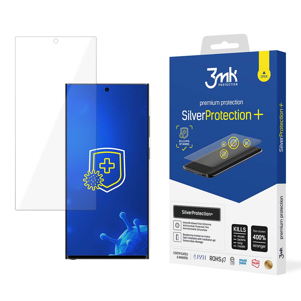 Apsauginė ekrano plėvelė Samsung Galaxy S918 S23 Ultra 5G 3MK Silver Protection Apsauginė ekrano plėvelė Samsung Galaxy S918 S23 Ultra 5G 3MK Silver Protection priekinė dalis su pakuote