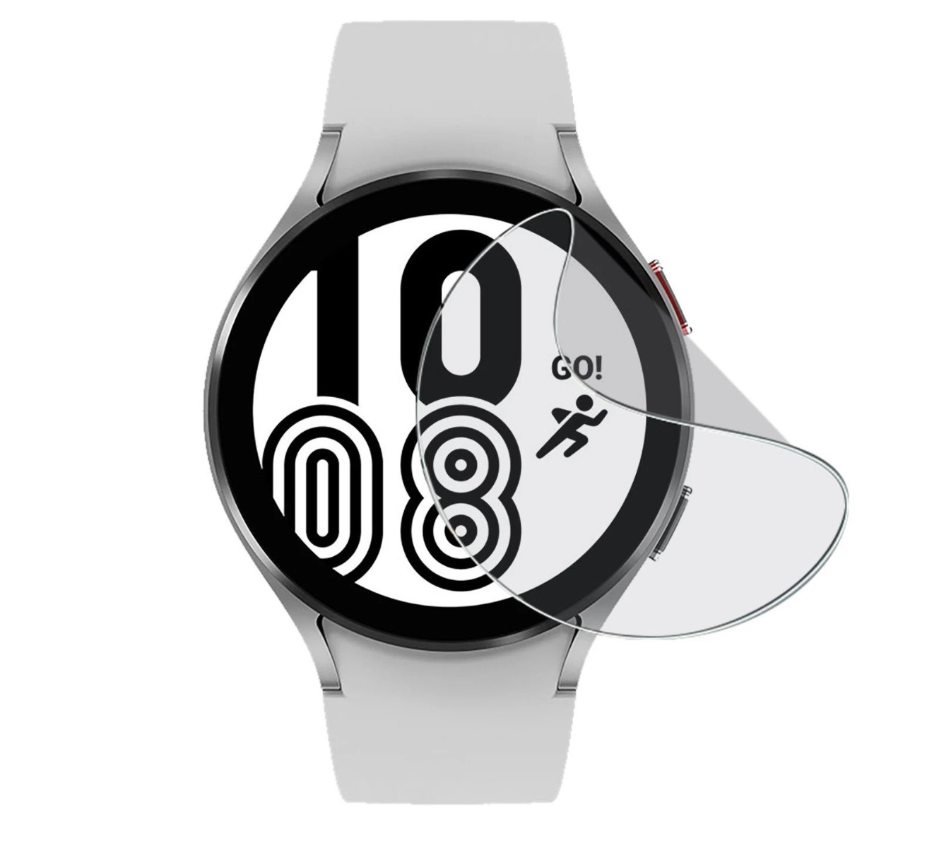 Apsauginė ekrano plėvelė Samsung Galaxy Watch 4 40mm 3MK Flexible Glass 3vnt Apsauginė ekrano plėvelė Samsung Galaxy Watch 4 40mm ant laikrodžio ekrano su baltu dirželiu