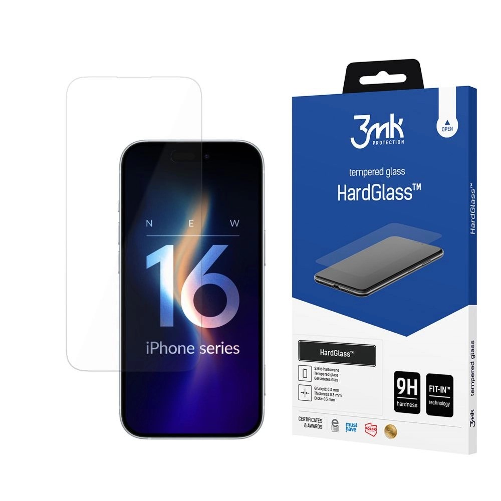 Apsauginis ekrano stikliukas Apple iPhone 16 Pro 3MK Hard Glass Apsauginis ekrano stikliukas Apple iPhone 16 Pro 3MK Hard Glass prieš telefono ekraną su mėlynos spalvos pakuote