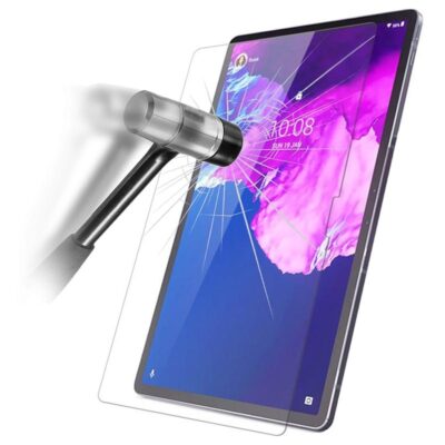 Apsauginis ekrano stikliukas Lenovo Tab P11, vaizduojama, kaip plaktukas smogia stikliukui