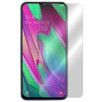 Apsauginis ekrano stikliukas Samsung Galaxy A405 A40, matomas ant telefono ekrano dalinai dengiantis ryškiaspalvį foną