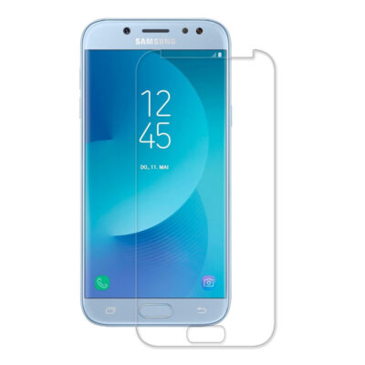 Apsauginis ekrano stikliukas Samsung Galaxy J530 J5 2017 prie mėlyno telefono ekrano