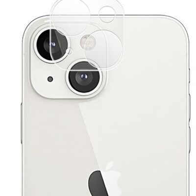 Apsauginis stiklas galiniai kamerai Apple Iphone 15 Plus su skaidriu permatomu dangteliu ant baltos telefono nugarėlės