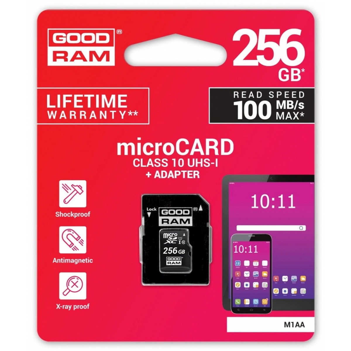 Atminties korta Goodram microSD 256Gb class 10 + SD adapter Atminties korta Goodram microSD 256Gb class 10 su SD adapteriu, raudonoje pakuotėje