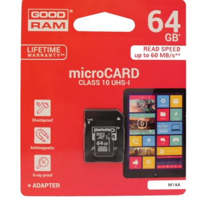 Atminties korta Goodram microSD 64Gb UHS I class 10 su SD adapteriu raudonoje pakuotėje