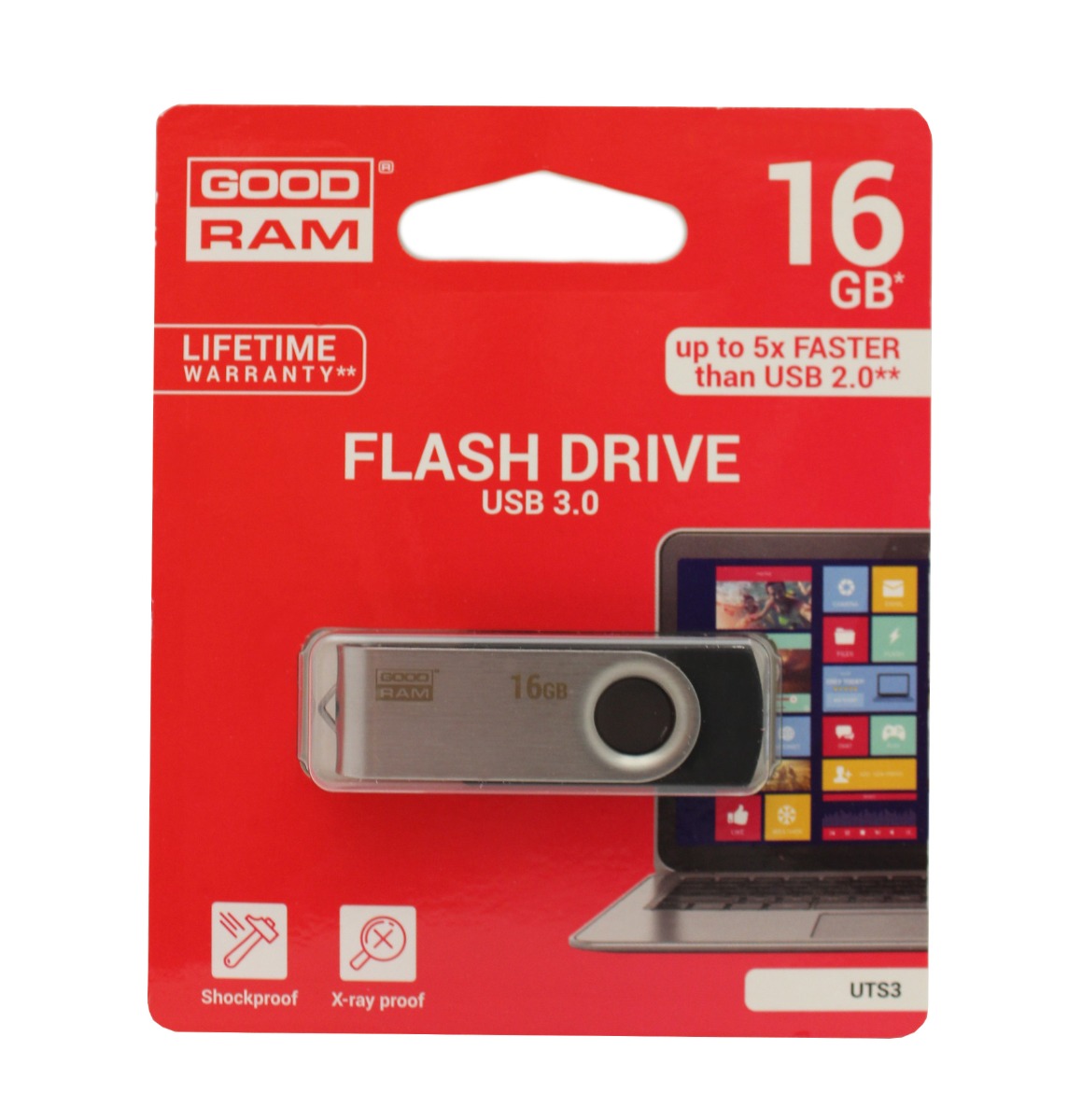 Atmintinė Goodram UTS3 16GB USB 3.0 Atmintinė Goodram UTS3 16GB USB 3.0 raudoname fone su metalo ir juodos spalvos USB atmintine