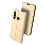 Auksines spalvos atverciamasis deklas Huawei P30 Lite telefonui su kameru ir pirstu atspaudui skirtomis anga