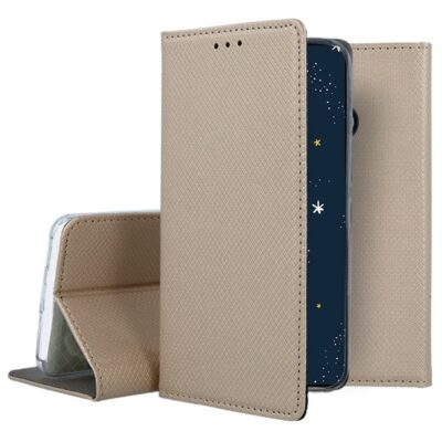 Auksinės spalvos atverčiamas dėklas Huawei P30 Lite Smart Magnet su tekstūruota išorine danga ir telefono stovėjimo funkcija