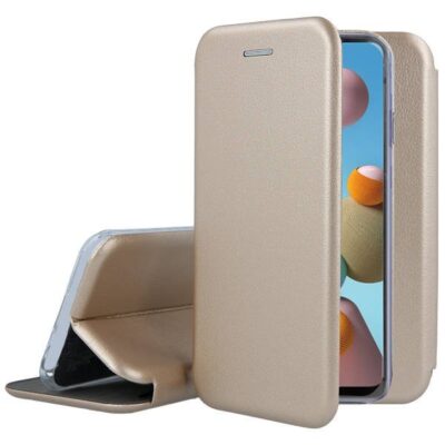 Auksinės spalvos atverčiamas dėklas Samsung Galaxy A217 A21s Book Elegance atidarytas ir uždarytas
