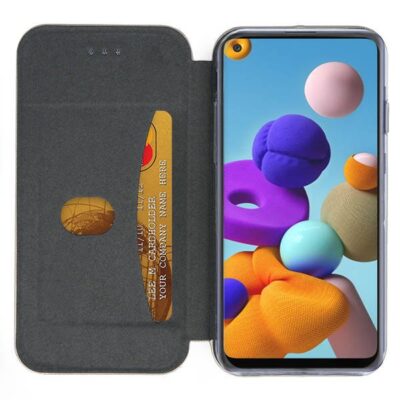 Auksinės spalvos atverčiamas dėklas Samsung Galaxy A217 A21s Book Elegance su kortelių laikikliu