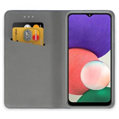 Atverčiamas dėklas Samsung Galaxy A226 A22 5G auksinės spalvos su kortelių lizdais