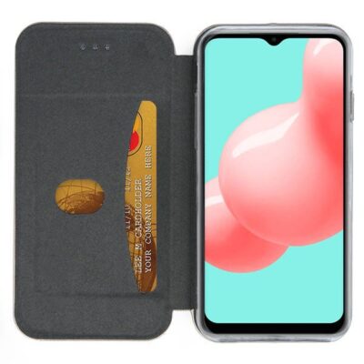 Auksinės spalvos atverčiamas dėklas Samsung Galaxy A325 A32 4G Book Elegance su kortelių laikikliu ir telefono ekranu