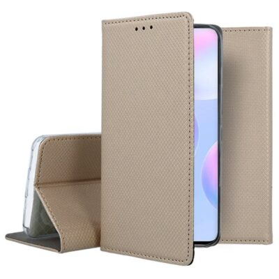 Auksinės spalvos atverčiamas dėklas Xiaomi Redmi 9A smart magnet su tekstūruota danga