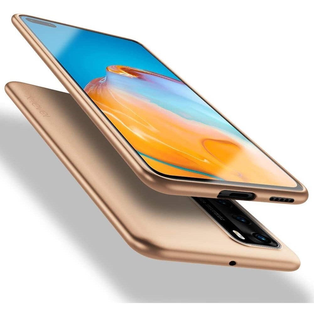 Auksinės spalvos dėklas Huawei P40 X-level Guardian Auksinės spalvos dėklas Huawei P40 X-level Guardian ant telefono matomas iš dviejų kampų