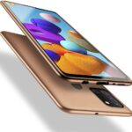 Auksinės spalvos dėklas Samsung Galaxy A217 A21s X-level Guardian, matomas su telefonu iš nugarinės ir priekinės pusių