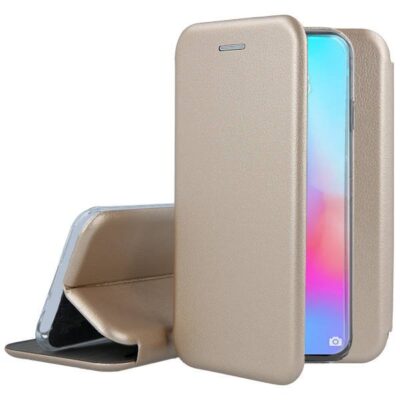 Auksinis atverčiamas dėklas Huawei P20 Lite su stovu ir apsauga