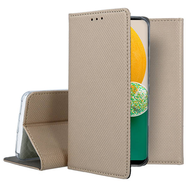 Auksinis atverčiamas dėklas Samsung Galaxy A135 A13 4G Smart Magnet Auksinis atverčiamas dėklas Samsung Galaxy A135 A13 4G Smart Magnet telefone atverstas