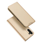 Auksinis atverčiamas dėklas Samsung Galaxy A146 A14 5G Dux Ducis Skin Pro su atidaryta ir uždaryta dalimi