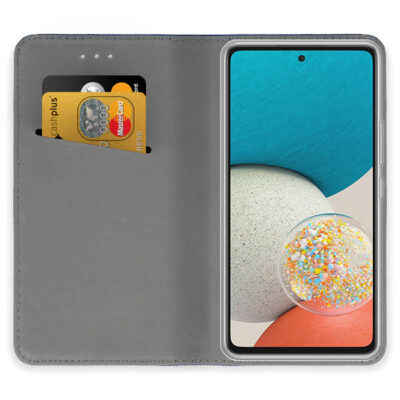 Auksinis atverčiamas dėklas Samsung Galaxy A536 A53 5G Smart Magnet atidarytas su matoma pilka vidine puse ir kortelių laikikliu