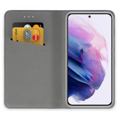 Auksinis atverčiamas dėklas Samsung Galaxy S22 Smart Magnet pilkas su kortelių laikikliu viduje