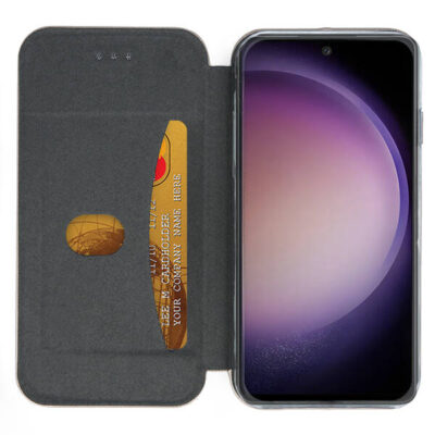Auksinis atverčiamas dėklas Samsung Galaxy S711 S23 FE Book Elegance su kortelių laikikliu ir ekranu