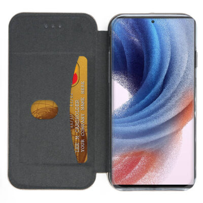 Auksinis atverčiamas dėklas Samsung Galaxy S918 S23 Ultra 5G Book Elegance su kortelės laikikliu ir atidengtu telefonu