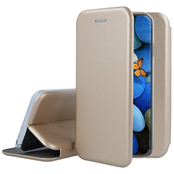 Auksinis atverčiamas dėklas Samsung Galaxy S921 S24 Book Elegance Auksinis atverčiamas dėklas Samsung Galaxy S921 S24 Book Elegance su matomu telefono ekranu ir stovu